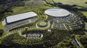 Aerial view of the McLaren Production Centre (left) and McLaren Technology Centre (right)