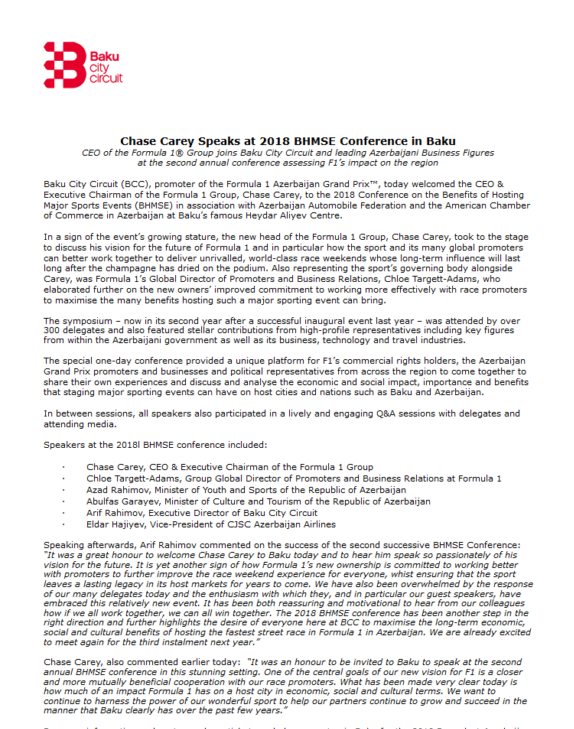 Chase Carey Speaks at 2018 BHMSE Conference in Baku – Press Release
