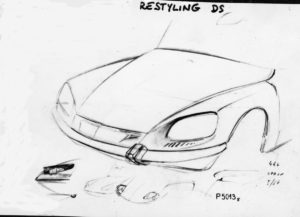 Disegno di Robert Opron per il nuovo frontale DS rilevato dalla maquette scolpita da Flaminio Bertoni