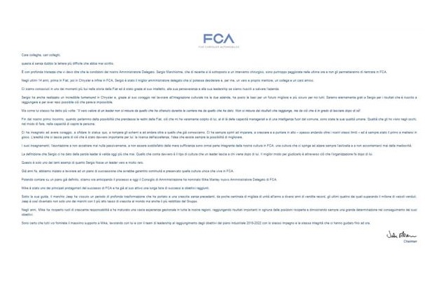 lettera Elkann dipendenti marchionne