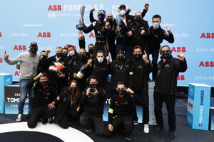 The DS Techeetah team celebrate on the podium